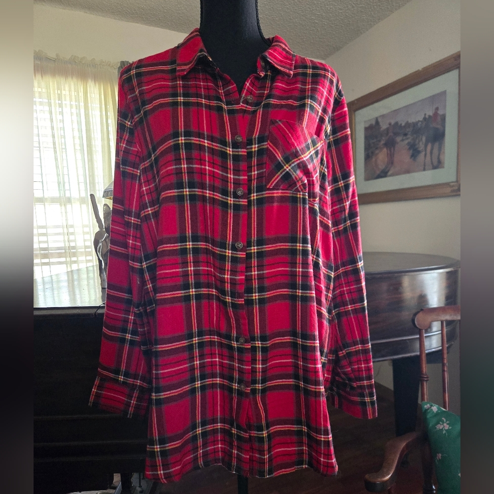 Red plaid extra long button down shirt.